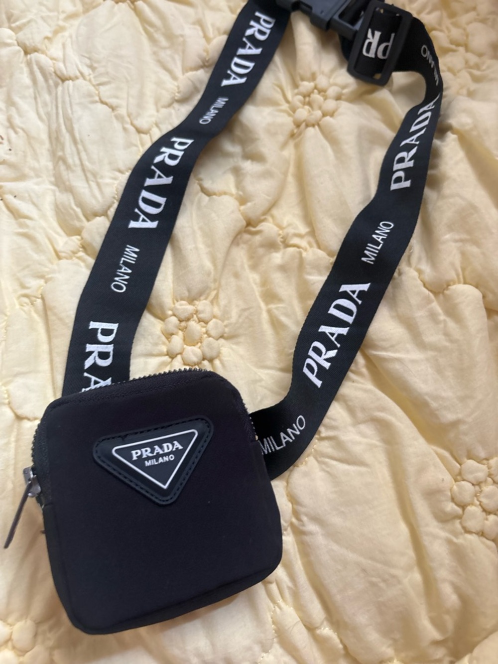 Prada Black Nylon Logo Belt Bag with Branded Strap